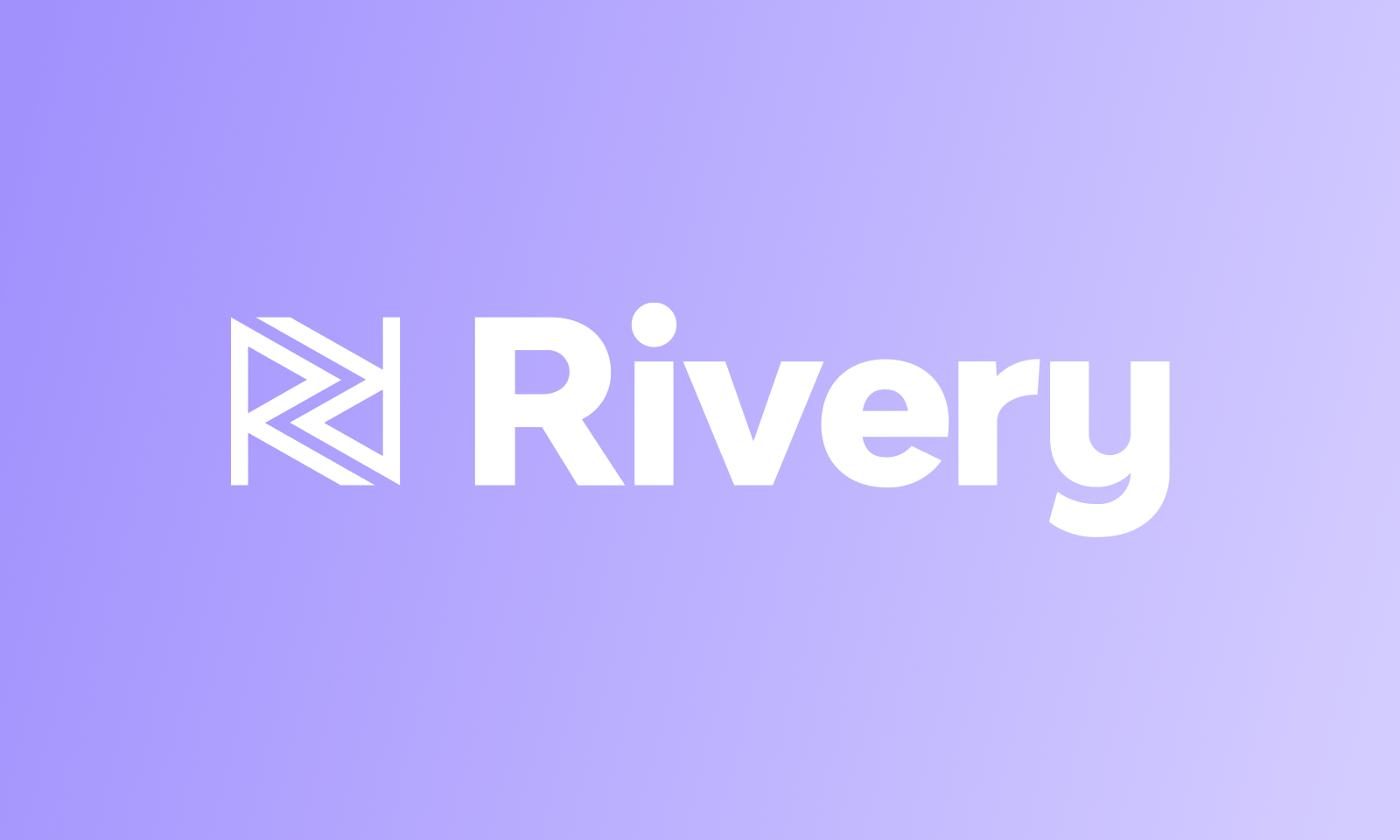 Logo with the word Rivery in bold white letters on a light purple background. An abstract design resembling two interlocking arrows or letter R shapes is to the left of the text.