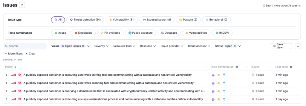 A dashboard displaying cybersecurity issues. Seven rows list issues related to publicly exposed containers, network scanning tools, and critical vulnerabilities. Filters for issue type, severity, resource kind, and more are shown at the top.