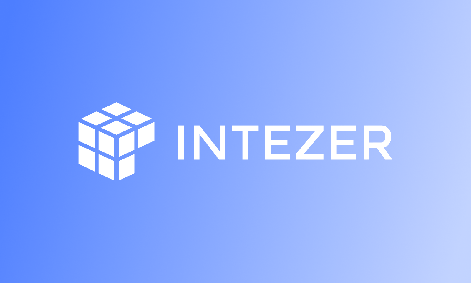 A blue and white logo with a cube composed of smaller cubes on the left and the word INTEZER in capital letters on the right, set against a gradient blue background.