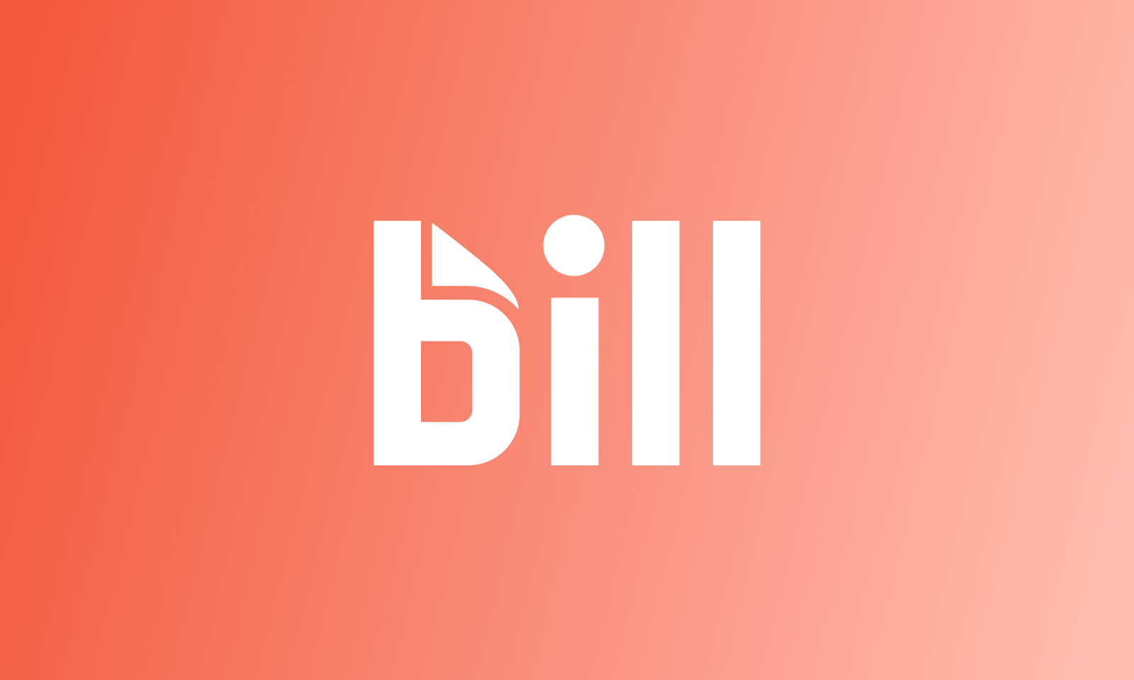 The image shows the word bill in bold white letters against a peach to orange gradient background. The letters have a modern, sans-serif design, with the letter b creatively styled.