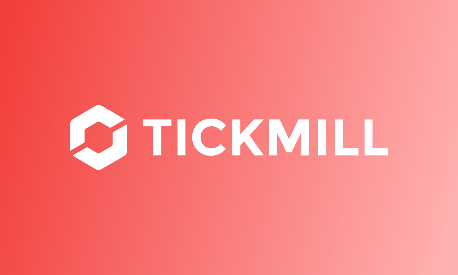 The image features the Tickmill logo on a red gradient background. The logo consists of a hexagonal shape with a white diagonal line cutting through it, positioned next to the text TICKMILL in bold, white letters.