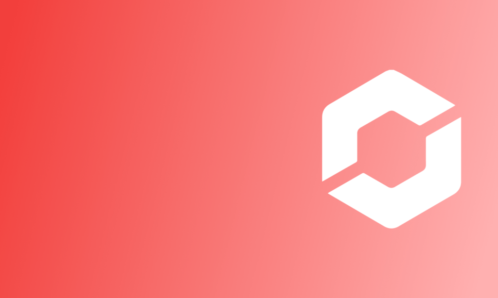 A white geometric logo resembling an incomplete hexagon is positioned on a gradient background transitioning from red to pink.