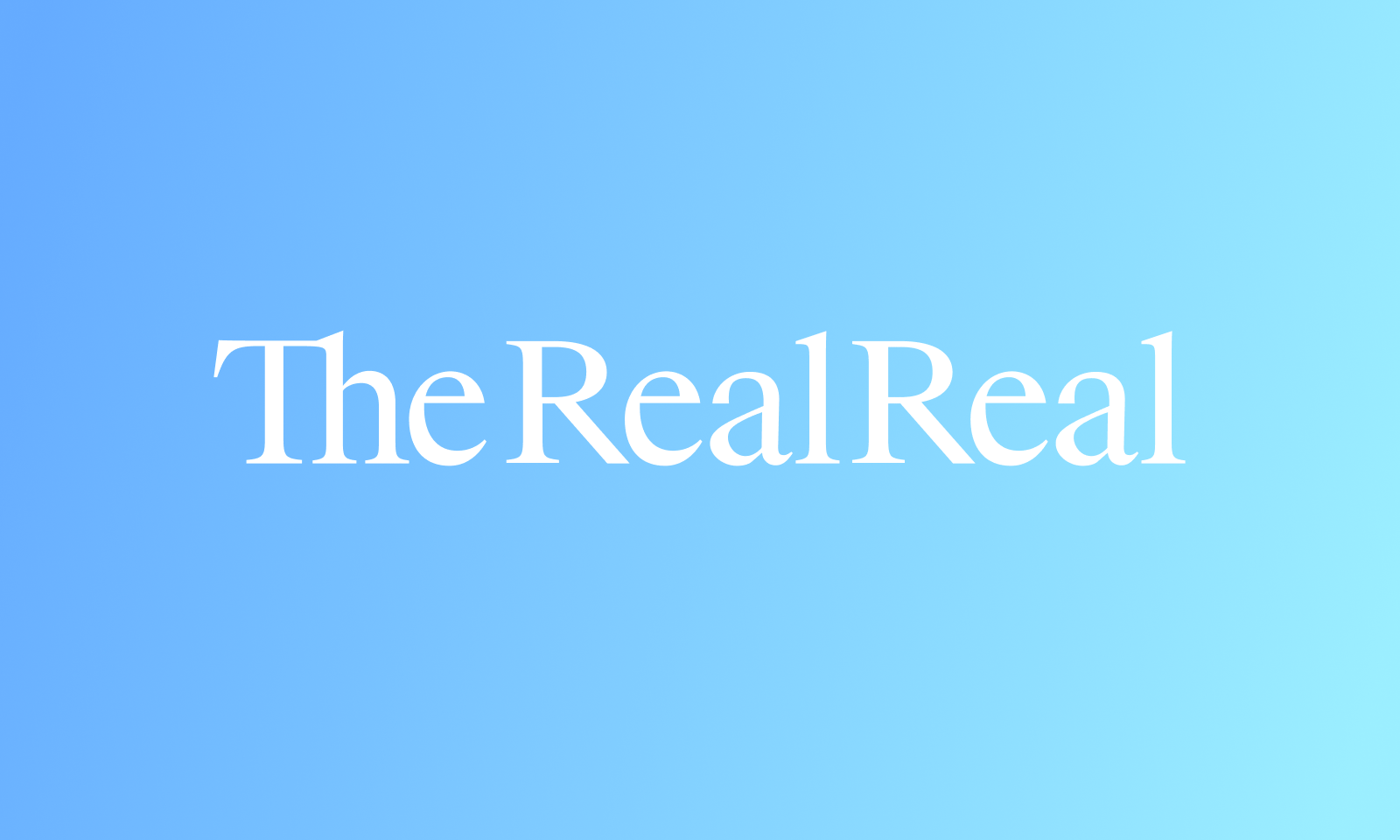 Logo of The RealReal in elegant white font centered on a gradient background transitioning from light blue to a slightly darker blue.