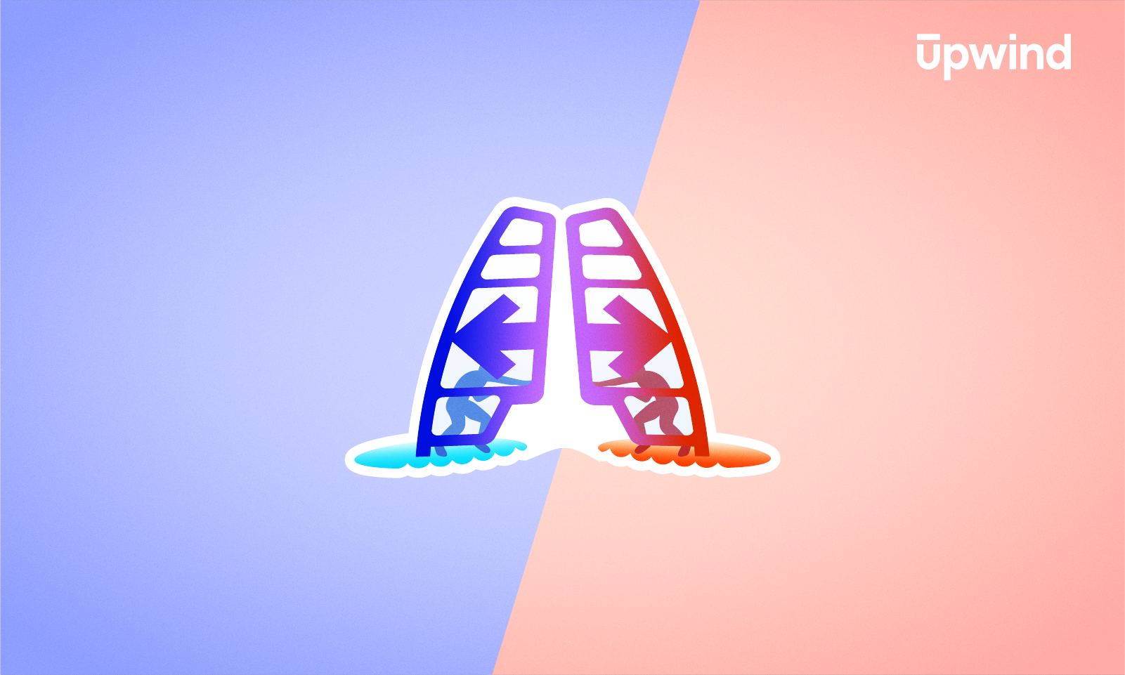 Illustration of two digital ladders with arrows pointing opposite directions, set against a diagonal blue and coral background, symbolizing Shift-Left vs. Shift-Right Security strategies. The word 'upwind' is elegantly placed in the top right corner.