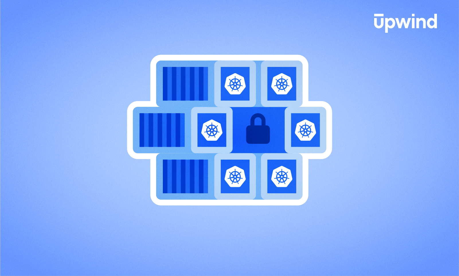 Illustration showing a grid with Kubernetes logos on containers. A central block features a padlock, symbolizing security, asking "What is Kubernetes Security?" The background is blue, and the Upwind logo is in the top right corner.