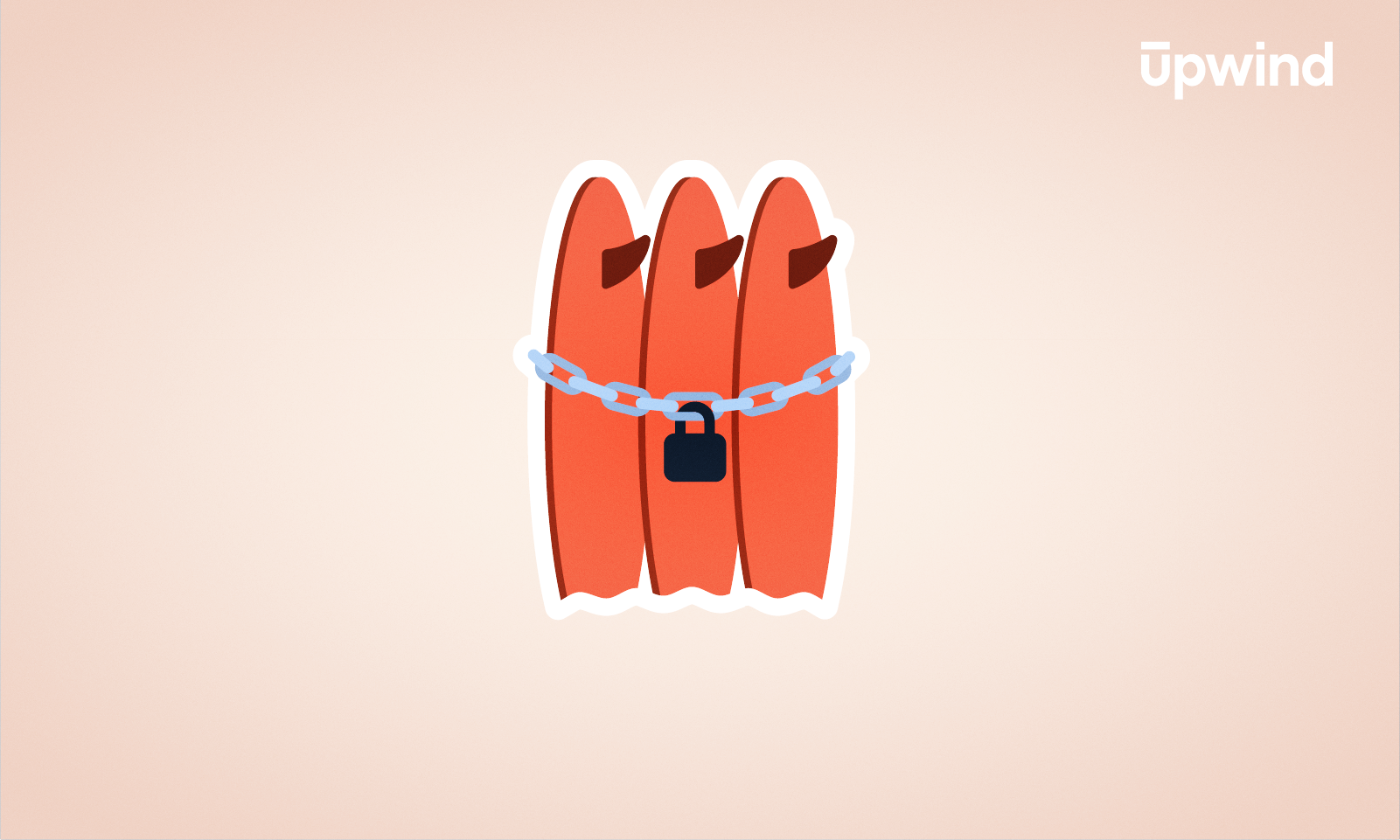 Three tied surfboards are secured with a chain and padlock, much like AWS EC2 security protecting your data. The image features a light beige background with the word "upwind" in the top right corner.