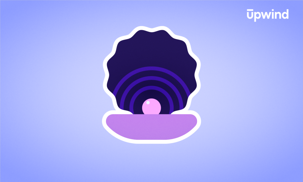 Illustration of a purple oyster shell cradling a pink pearl, set against a light blue background. In the top right corner, the word "upwind" subtly prompts curiosity, akin to pondering questions like "what is DSPM?