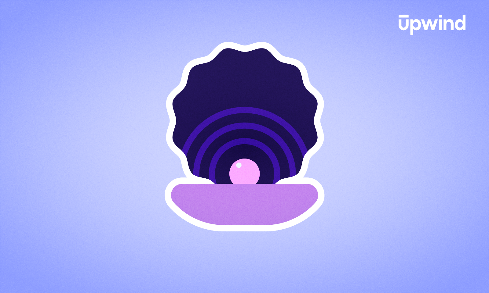 Illustration of a purple oyster shell cradling a pink pearl, set against a light blue background. In the top right corner, the word "upwind" subtly prompts curiosity, akin to pondering questions like "what is DSPM?