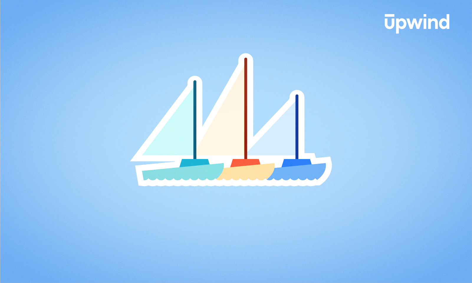 Illustration of three stylized sailboats with colorful sails on a light blue background, symbolizing the harmony akin to What is Multi-Cloud Security? The boats, in shades of turquoise, orange, and blue, glide gracefully. The word Upwind appears in the top right corner.