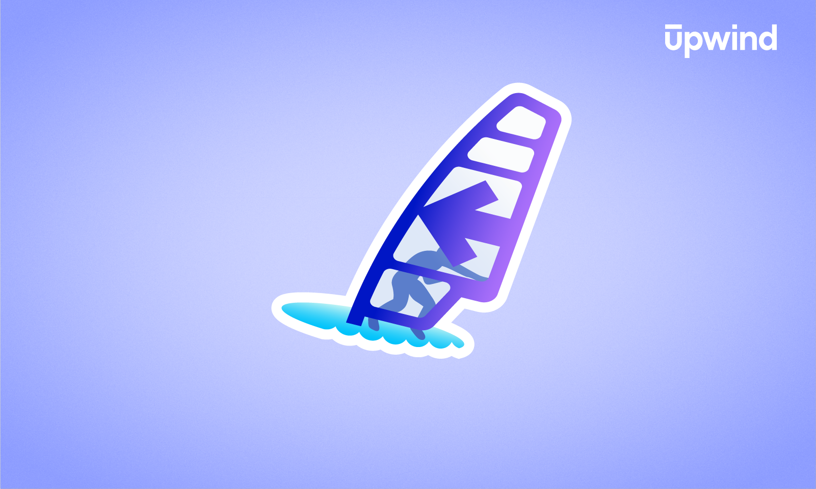 Illustration of a tilted windsurfing sail on light blue water, set against a gradient of light to medium blue background. The word upwind is in the top right corner, subtly inviting us to ponder: What is Shift-Left Security?