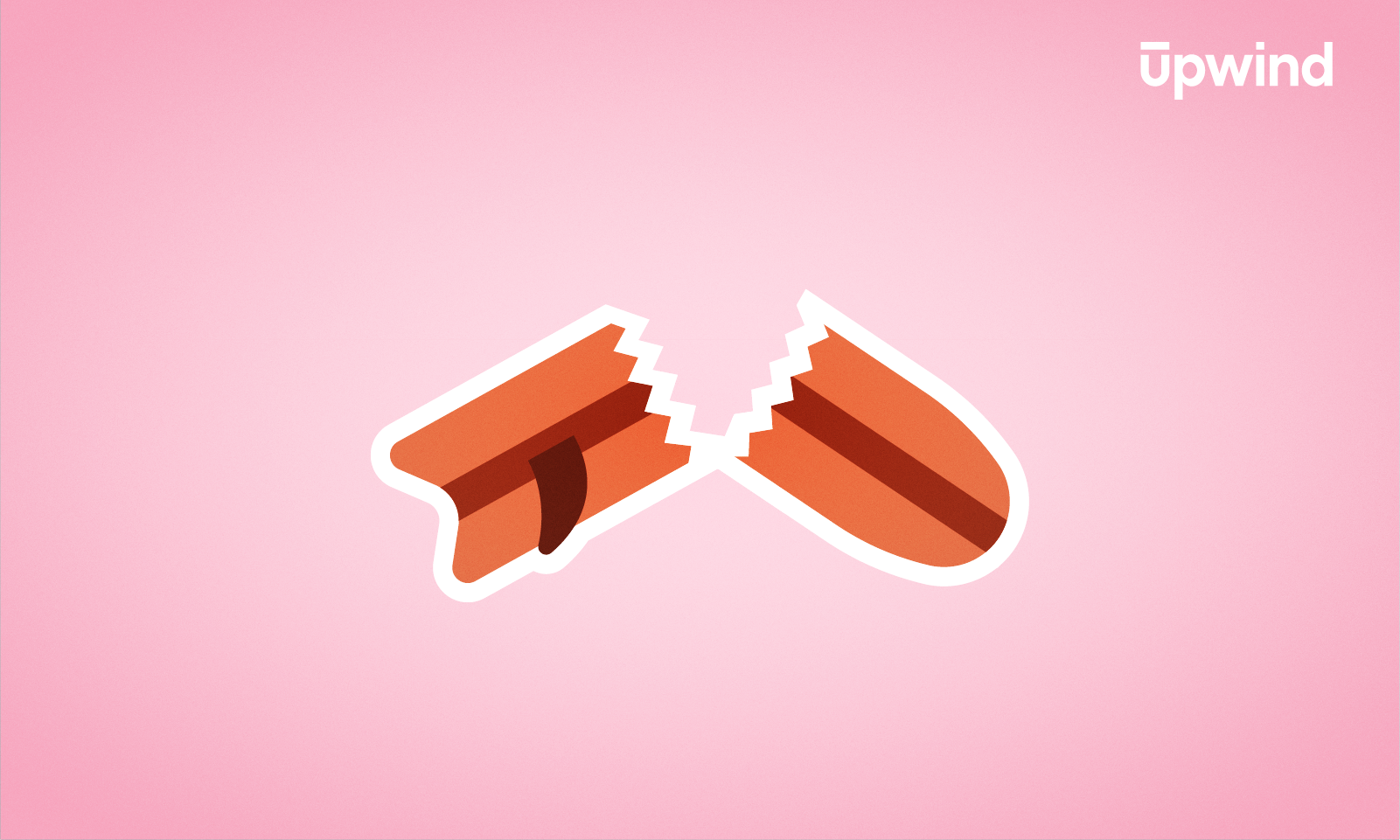 Illustration of a broken red pencil on a pink background with a slight drop shadow. The pencil is split into two parts, revealing its jagged break. Hints of cloud-like shapes emphasize the vulnerability theme, and the top right corner features the word "upwind" in white text.