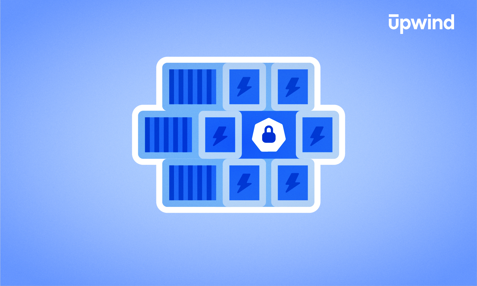 A digital illustration showcases a grid of blue hexagons with lightning bolt icons, centered around a white hexagon boasting a lock icon. The light blue background complements the Upwind logo in the top right corner, subtly posing the question: "What is Kubernetes Runtime Security?