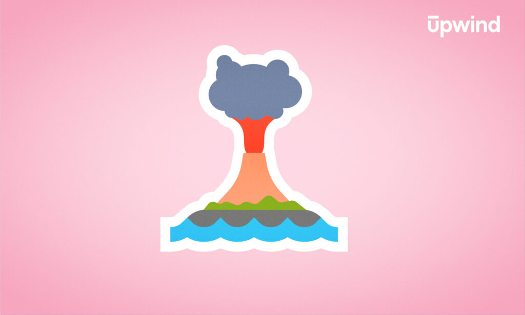 Illustration of a volcanic eruption with gray smoke, red lava, and orange eruption against a pink background. Green land and blue water surround the volcano. Upwind logo in the top right corner, capturing the unexpected intensity akin to a zero-day attack.