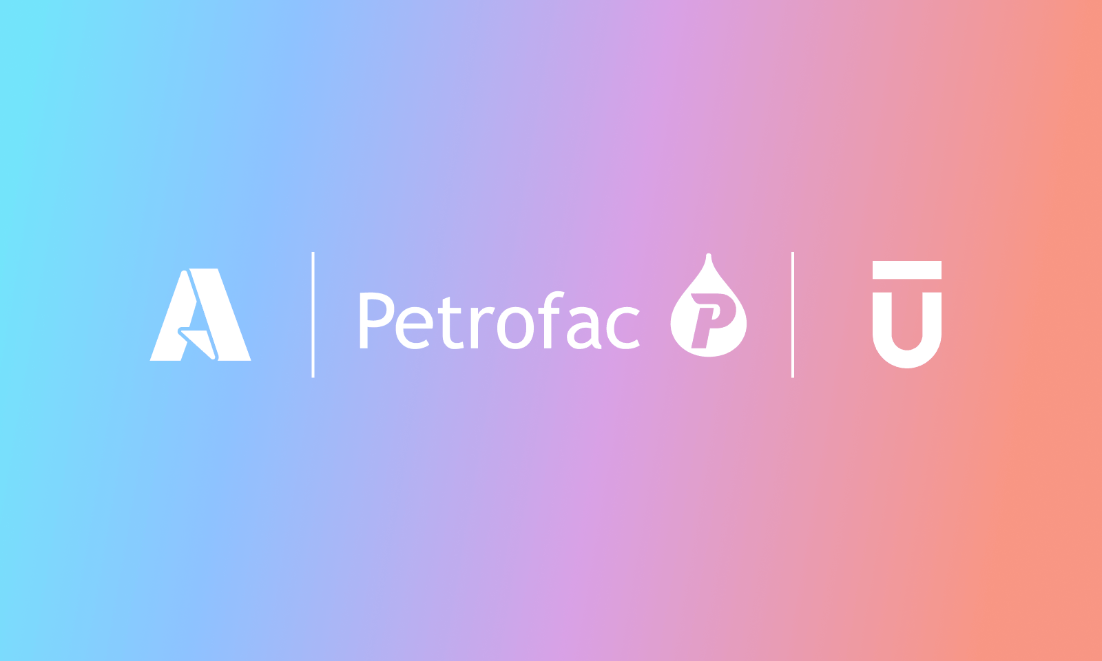 Logos of three companies on a gradient background: The first logo is a stylized letter A, the second is Petrofac with a droplet containing P, and the third is a U with a horizontal line above it. Background fades from blue to pink.