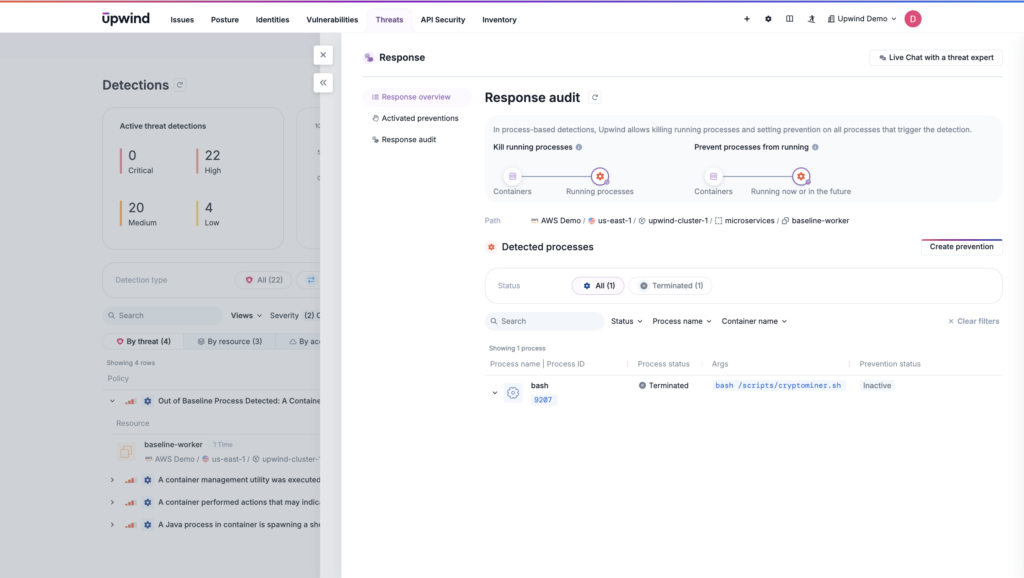 An eBPF-powered sensor can automatically stop malicious processes from running in workloads and offer custom remediation plans for every threat detection, including zero-day attacks