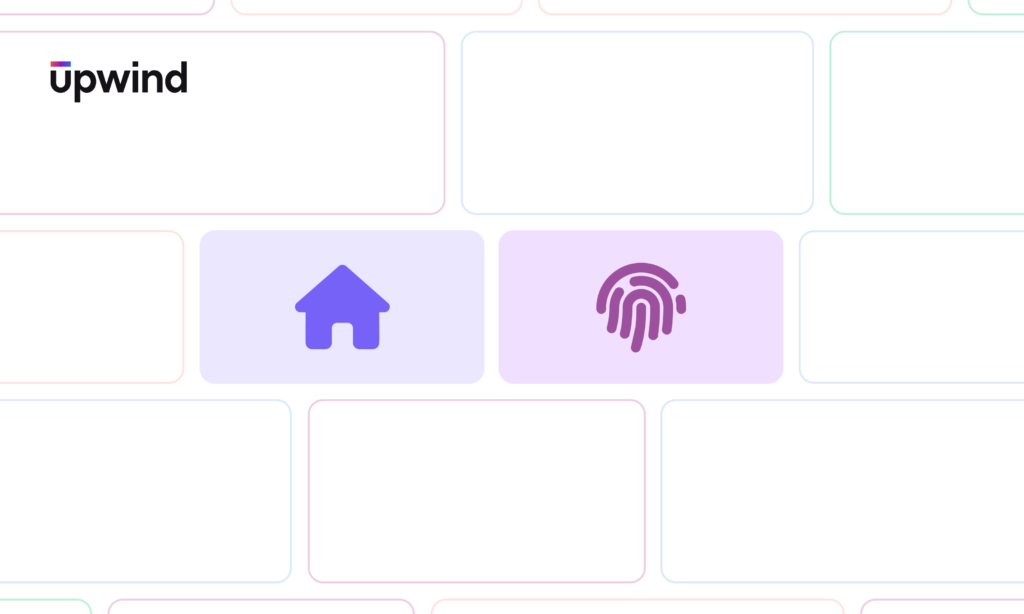 Illustration of a grid with two purple icons: a house on the left and a fingerprint on the right. The top left corner features the word upwind in black lowercase letters with a purple accent. The background is light with faint outlines.