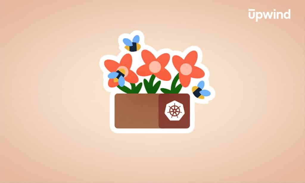 Illustration of a brown planter box with orange flowers and bees, subtly hinting at innovation in Kubernetes. A Kubernetes logo graces the side, harmonizing with the light beige background. The word upwind appears in the top right corner, inviting you to explore what is eBPF for Kubernetes.