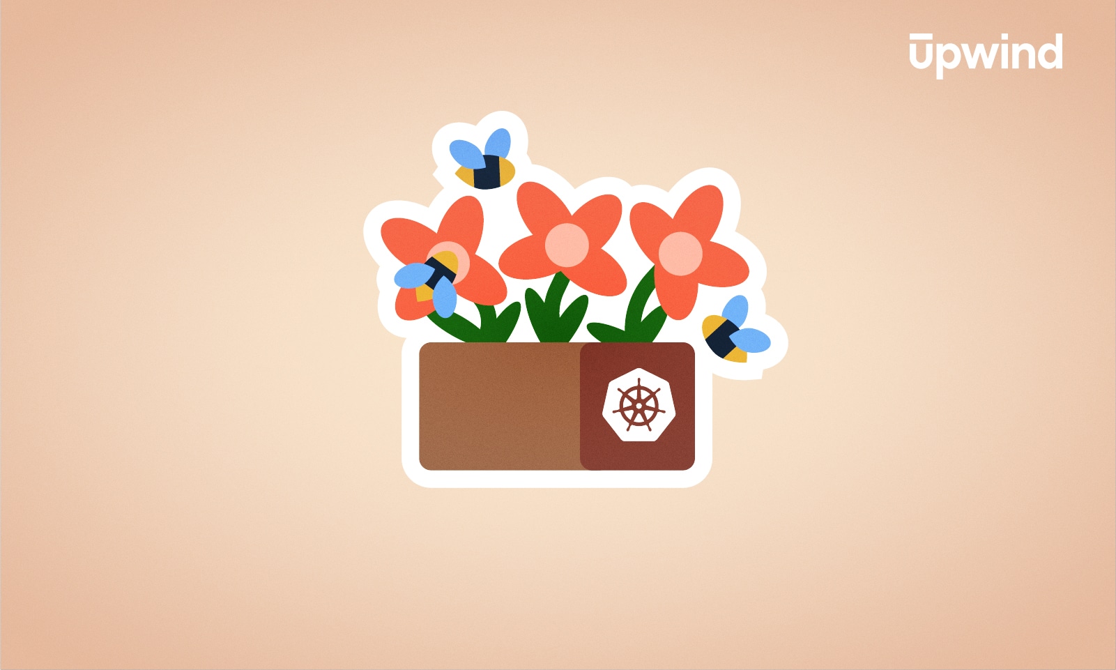 Illustration of a brown planter box with orange flowers and bees, subtly hinting at innovation in Kubernetes. A Kubernetes logo graces the side, harmonizing with the light beige background. The word upwind appears in the top right corner, inviting you to explore what is eBPF for Kubernetes.