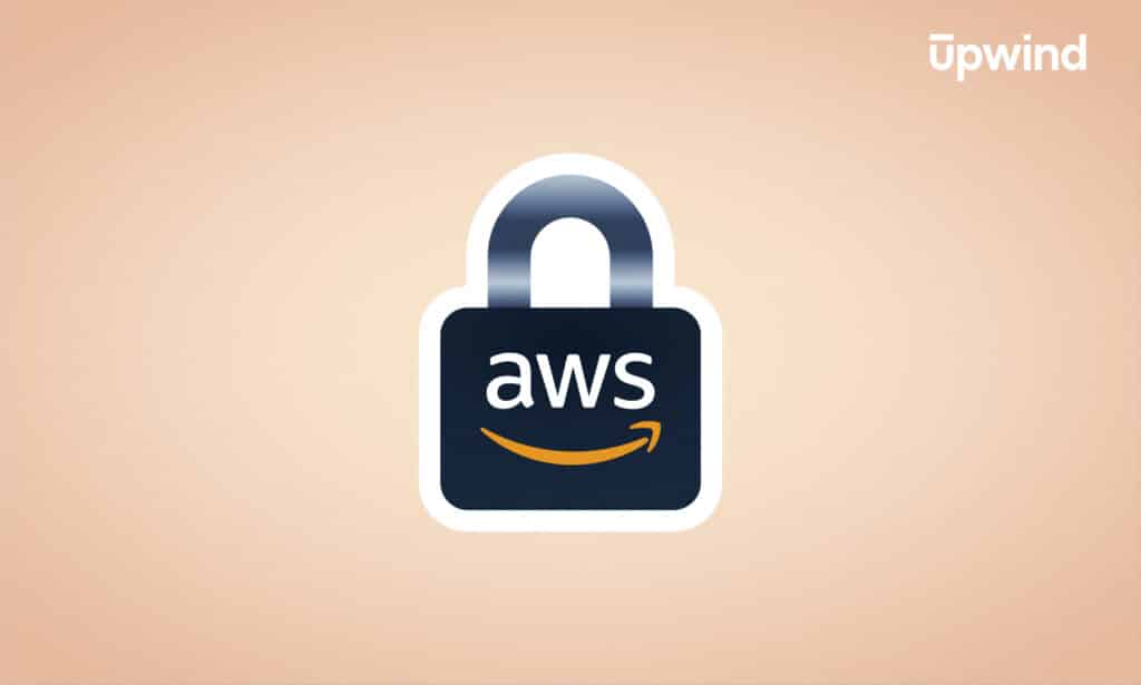 Illustration of a padlock with the AWS logo, featuring the Amazon smile underneath. The background is beige, and the word Upwind appears in the top right corner, symbolizing AWS Security Explained in a visually engaging way.