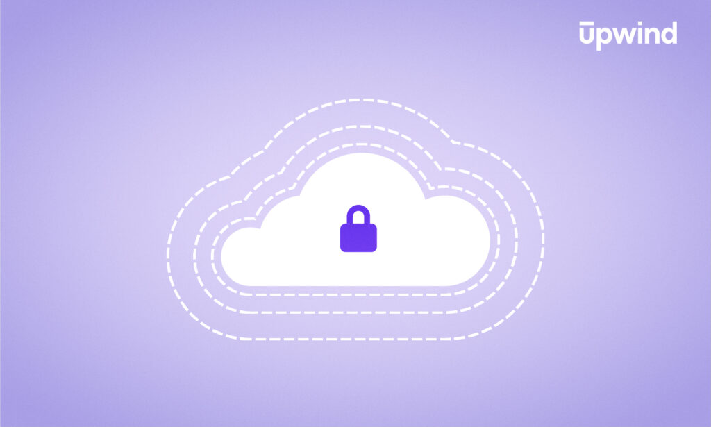 Illustration of a white cloud outlined with dashed lines against a purple background, featuring a purple lock symbol in the center. The word Upwind is in the top right corner.