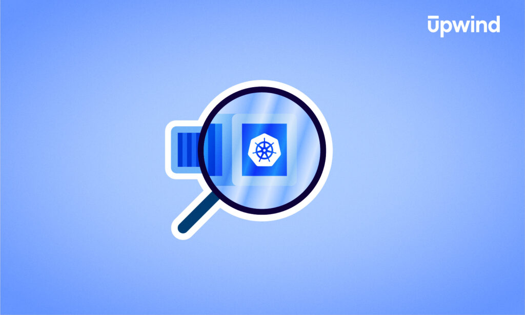 Illustration of a magnifying glass hovering over a Kubernetes logo, set against a blue gradient background. The word upwind appears in the top right corner, subtly hinting at using Kubernetes audit logs for enhanced DevSecOps strategies.