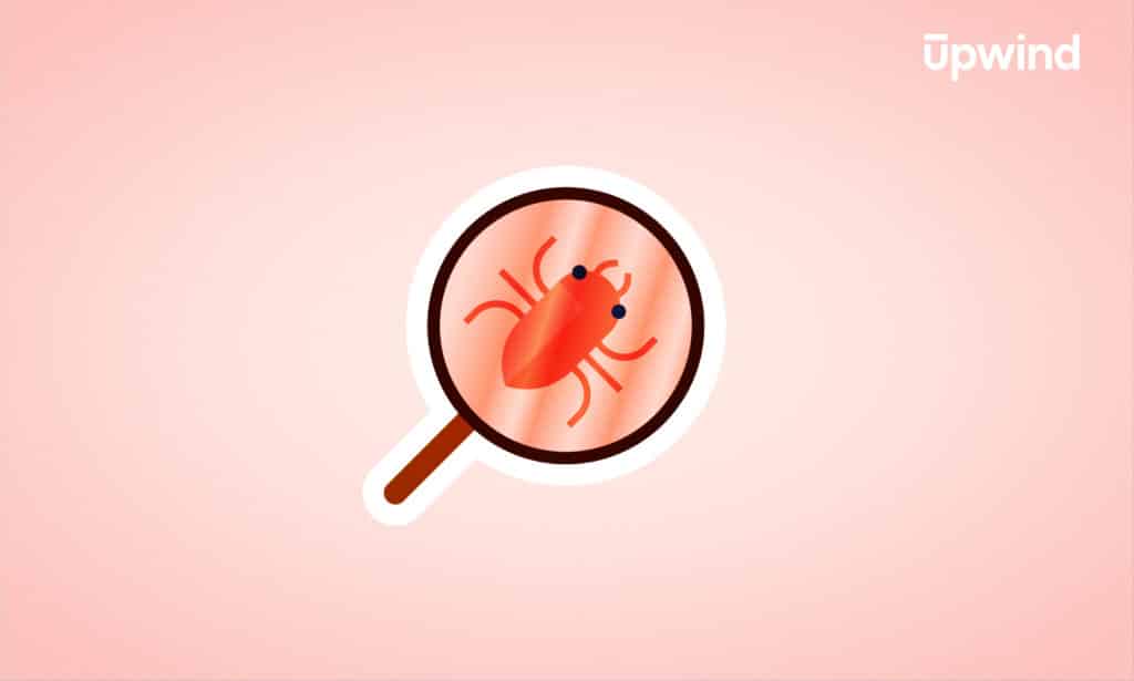 A magnifying glass focusing on a red bug icon against a light pink background, with What is a CVE? in the upper right corner.