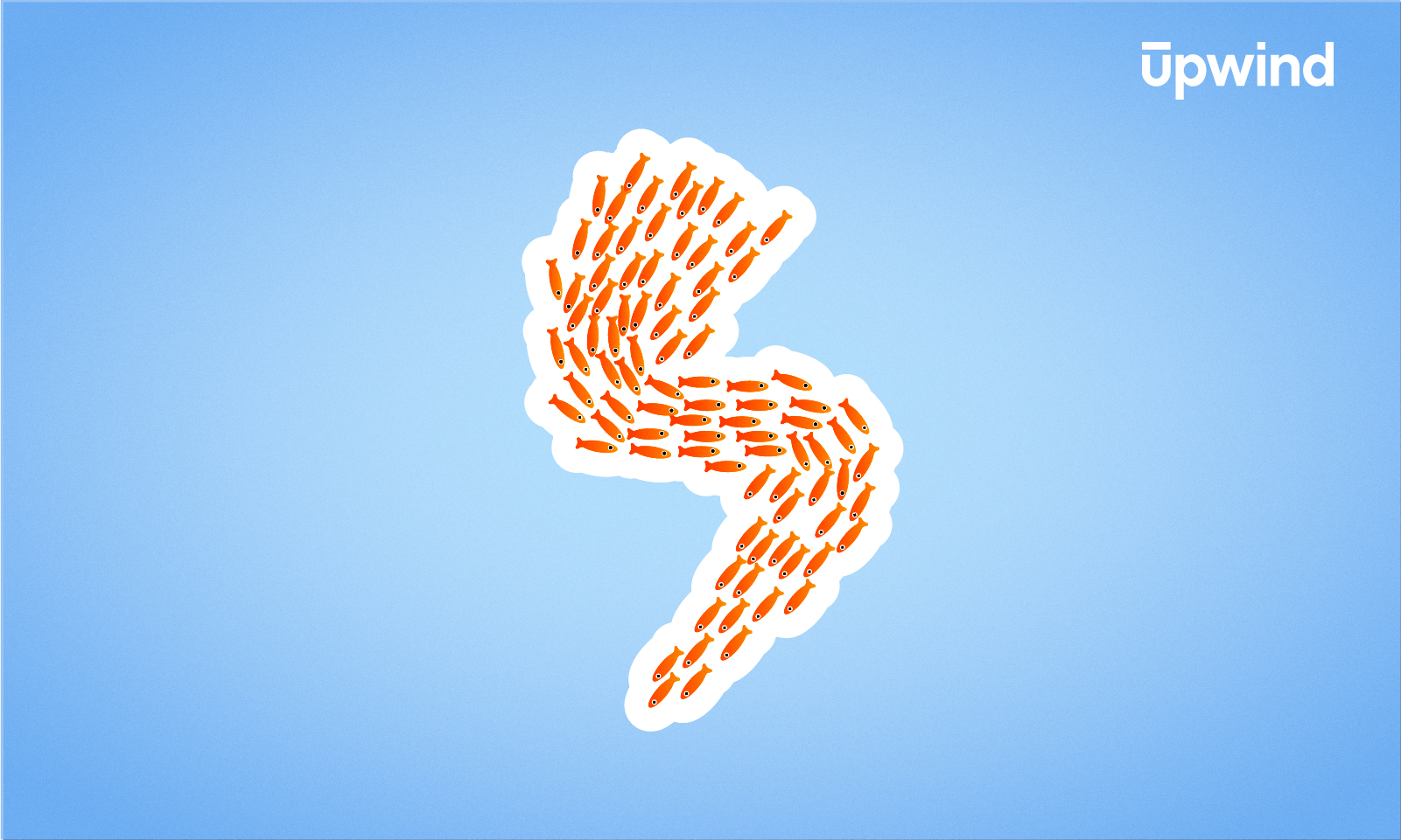 A blue background features a white outline of a lightning bolt, filled with rows of orange carrots, encapsulating an energetic juxtaposition. The phrase upwind graces the top right corner—a nod to innovative solutions akin to asking, What is AWS Lambda Runtime?.