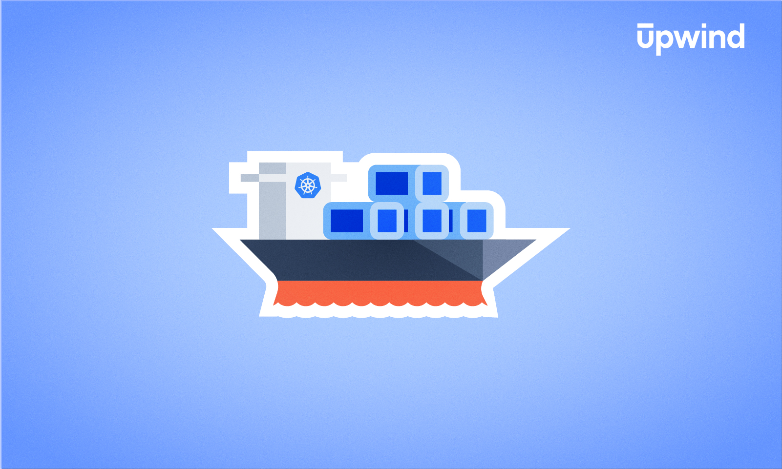 Illustration of a stylized cargo ship with blue containers on a blue background. The ship has a white hull and red bottom, featuring a blue logo resembling a ships helm. Echoing the focus on Kubernetes Security Posture Management (KSPM), the word Upwind appears in the top right corner in white text.