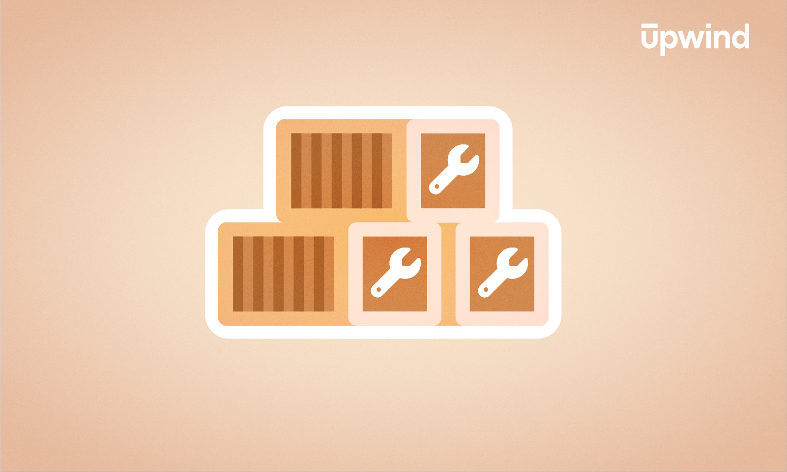 Illustration of three stacked cardboard boxes, two with wrench symbols, symbolizing container security tools. The background is a soft beige color, and Upwind is elegantly written in the top right corner.