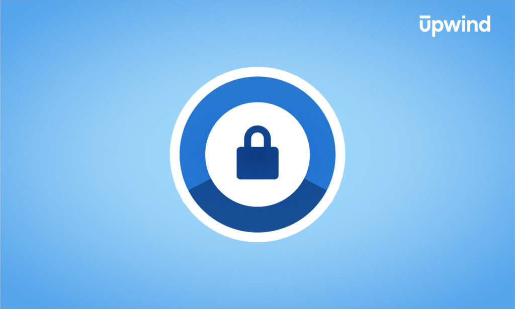 A blue and white circular icon featuring a padlock in the center, representing security or privacy. The word upwind is visible in the top right corner on a light blue background.