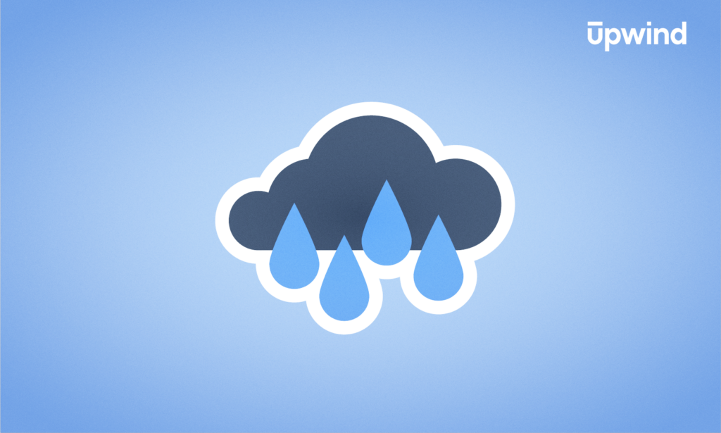 Cloud icon with three blue raindrops on a light blue background. The word Upwind appears in white text in the top right corner.