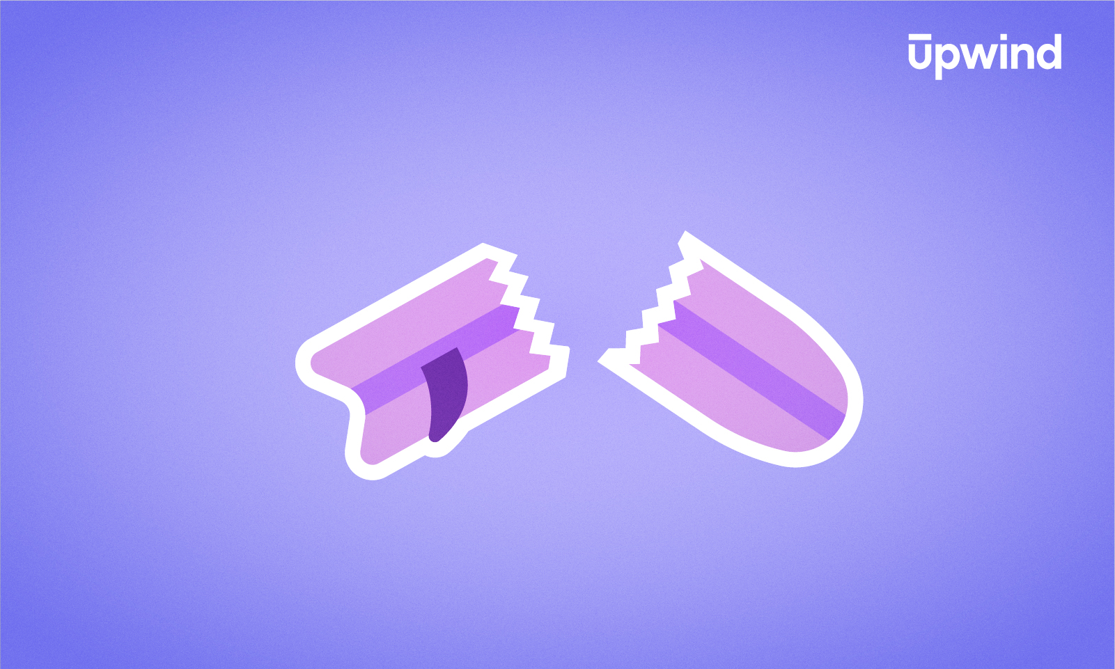 Illustration of a broken purple candy against a blue backdrop, subtly evoking the intricate investigation methods akin to Digital Forensics and Incident Response (DFIR), with the word upwind gracing the top right corner.