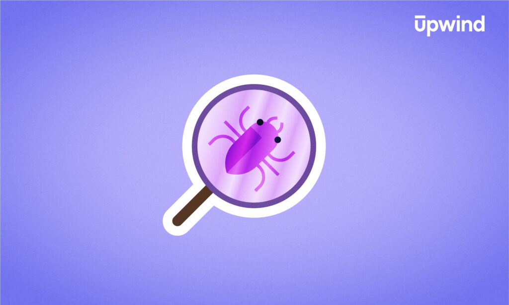 A purple beetle under a magnifying glass on a light purple background subtly illustrates the question, What is Vulnerability Scanning? with the upwind logo elegantly placed in the top right corner.