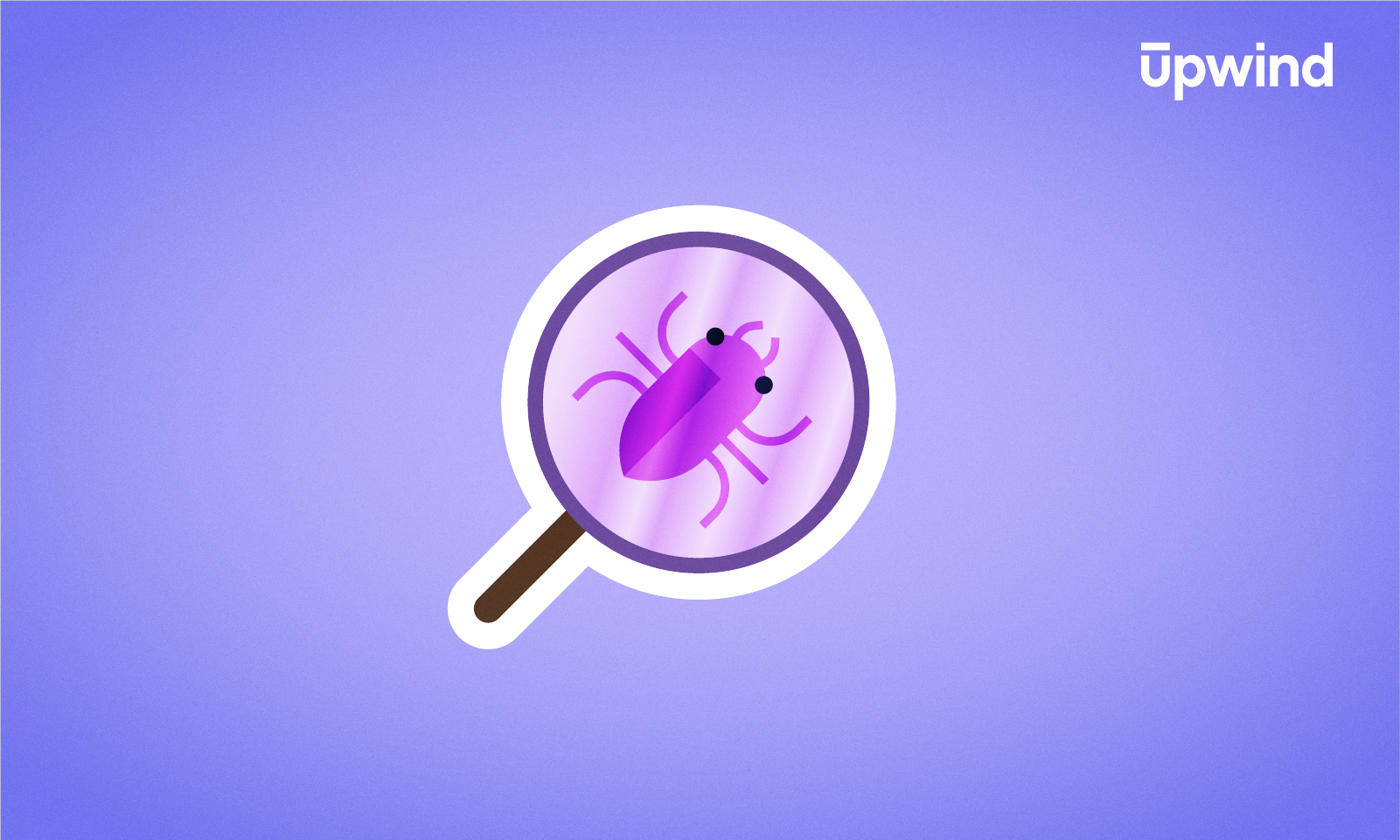 A purple beetle under a magnifying glass on a light purple background subtly illustrates the question, What is Vulnerability Scanning? with the upwind logo elegantly placed in the top right corner.