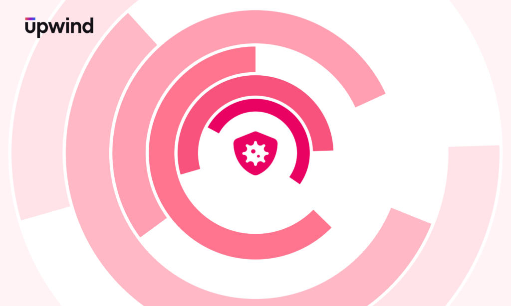 Abstract pink and red circular design with a small shield icon containing a white virus symbol at the center. The image has a modern, minimalist style, accompanied by the text upwind in the top left corner.