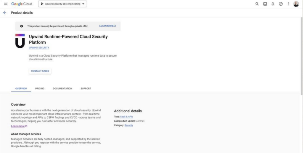 Screenshot of a Google Cloud product page for Upwind Runtime-Powered Cloud Security Platform. It includes an overview, contact sales button, and sections for overview, pricing, documentation, and support. Additional details mention type and category.