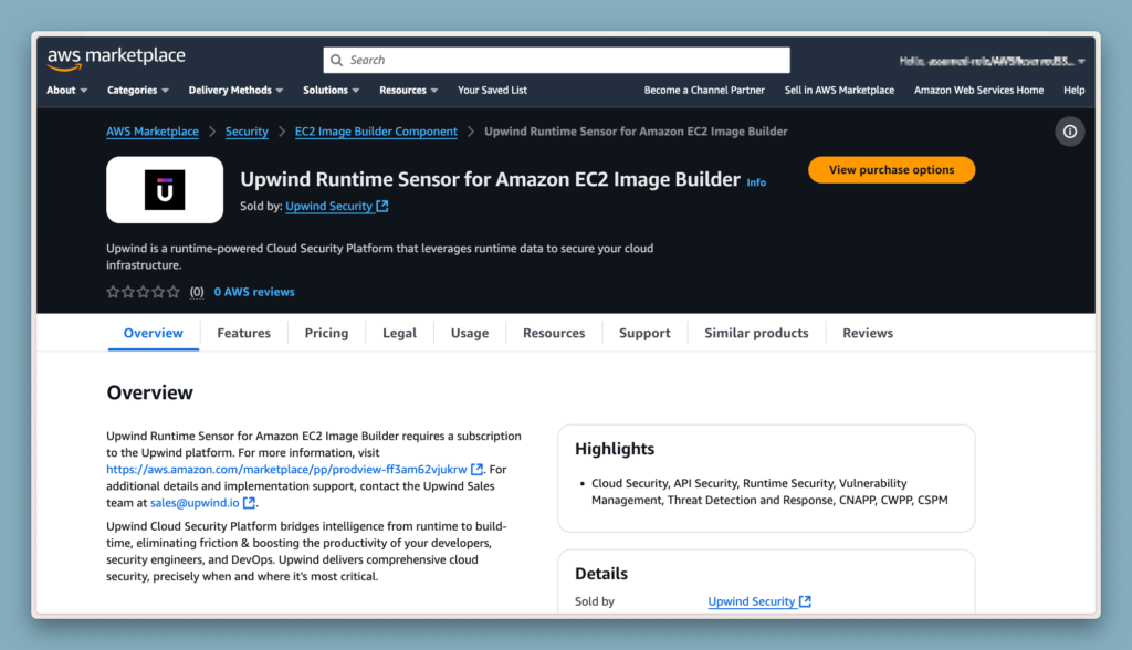 Screenshot of the AWS Marketplace page for Upwind Runtime Sensor for Amazon EC2 Image Builder. The page includes an overview, pricing, usage information, and highlighted security features. Theres a button to view purchase options.