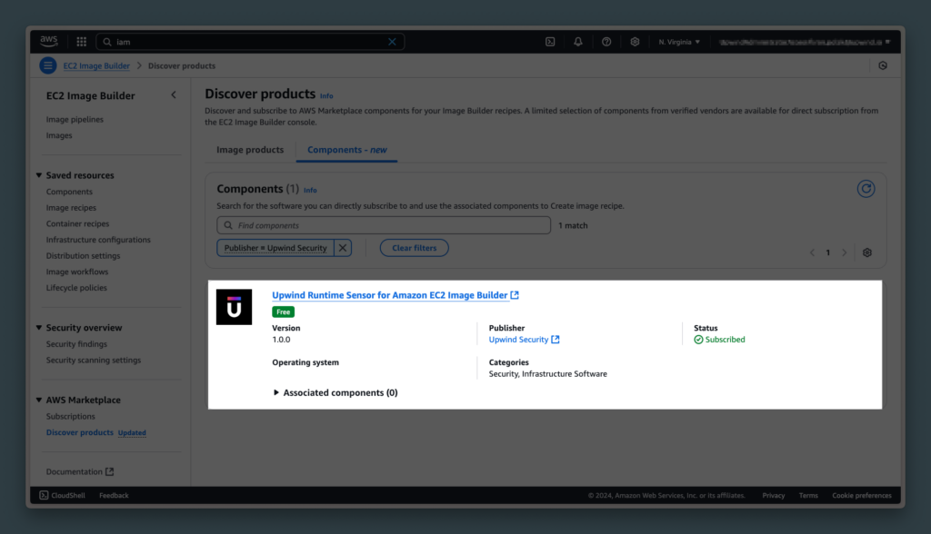 Screenshot of the Amazon EC2 Image Builder interface showing a component detail. The component is Upwind Runtime Sensor for Amazon EC2 Image Builder, version 1.0.0, by Upwind Security. It is categorized under Security, Infrastructure Software.