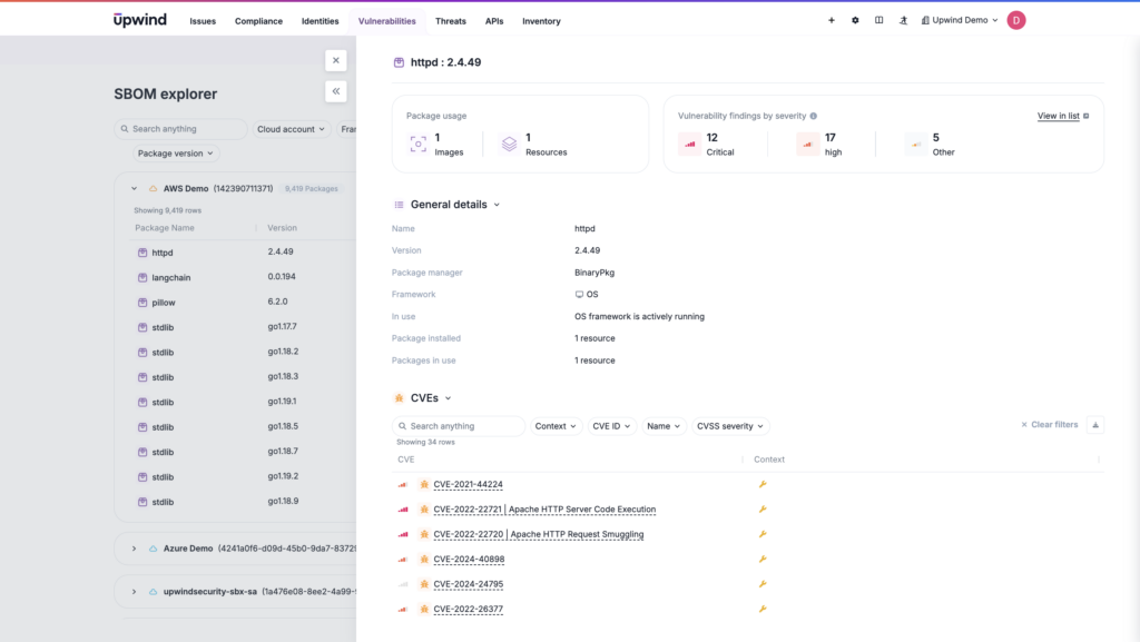 The SBOM explorer showing CVEs and their threat rating, be it critical , high, or less significant, so teams can remediate newly identified vulnerabilities