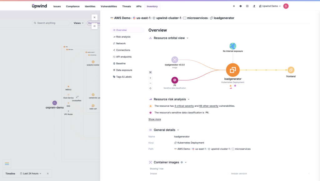 Screenshot of a software application interface showing an overview of a cloud resource clustering. The layout includes a diagram of connections, resource risk analysis, general details, and container image information, with navigation menus on the left.