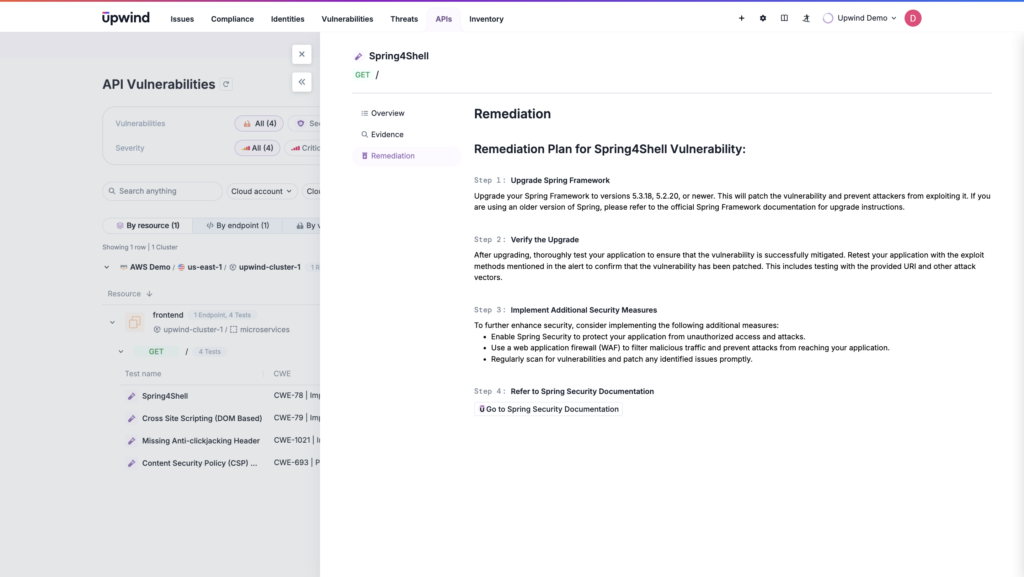 The remediation panel of this runtime-powered CNAPP offers step-by-step guidance for fixing an identified vulnerability.
