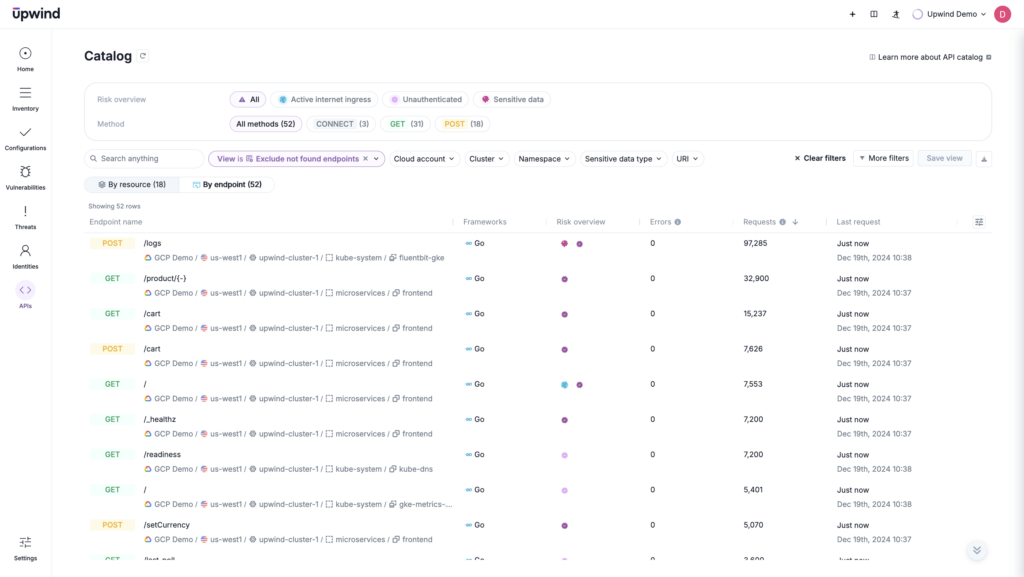 Screenshot of a software dashboard displaying a catalog of API endpoints. It includes columns for framework, status, risk score, errors, and request count. Various filters and options are visible at the top, with data organized in a table format.