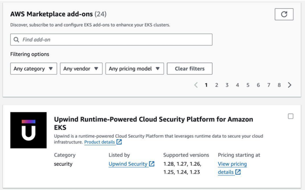 Screenshot of AWS Marketplace add-ons page for EKS clusters, showing a listing for Upwind Runtime-Powered Cloud Security Platform for Amazon EKS by Upwind Security. It supports versions 1.28, 1.27, 1.26, and its category is security.