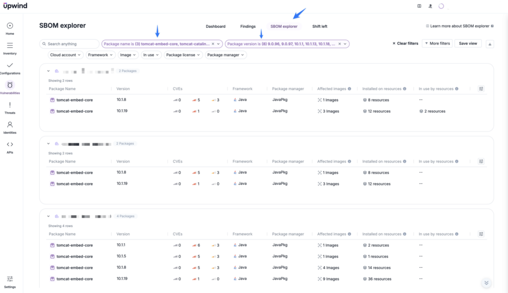 Screenshot of the Upwind SBOM Explorer showing a list of software components. It includes columns for name, version, CVEs, framework, license, package manager, affected images, and resources. Blue arrows point to the dashboard navigation.