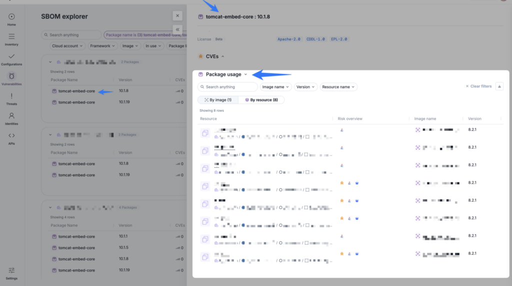Screenshot of an SBOM explorer interface displaying package details for tomcat-embed-core. The right panel shows Package usage with tabs for image name, version, and resource name. Various package versions and related icons are visible.
