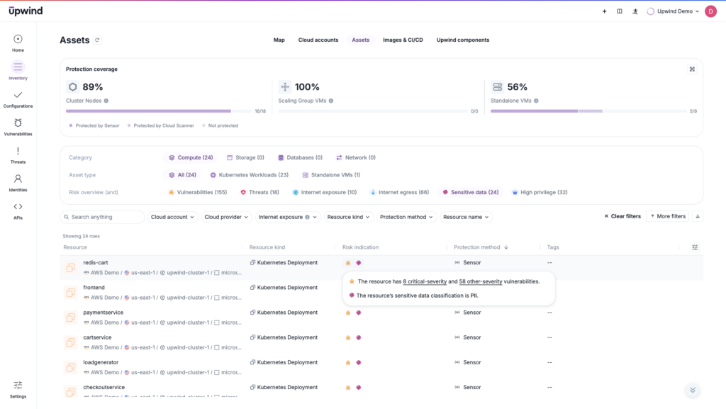 Even when data isn’t moving, it might be distributed and difficult to secure given the nature of the cloud. It’s essential to see assets in a single landscape, including which are talking to the internet and that have sensitive data exposed to the internet.
