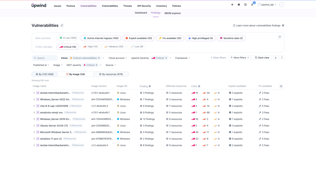 Screenshot of a vulnerabilities dashboard showing various filtered security issues in software packages. Lists details such as image URLs, affected resources, findings, severity levels, and exploit availability with graphical indicators.