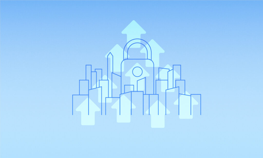 A graphic depicting a padlock with arrows pointing upward in the background, symbolizing cybersecurity and job growth. The design is rendered in blue on a blue gradient background, suggesting digital or technological themes.