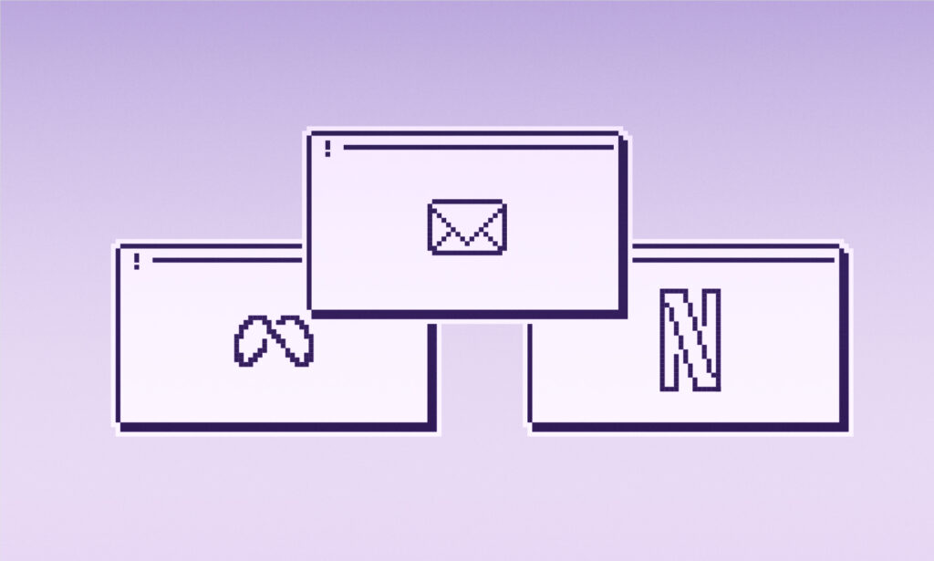 Three stylized computer screens on a purple gradient background represent digital platforms America depends on. Each screen showcases a different icon: a letter envelope, a mustache, and the letter N, all rendered in a retro pixel art aesthetic.