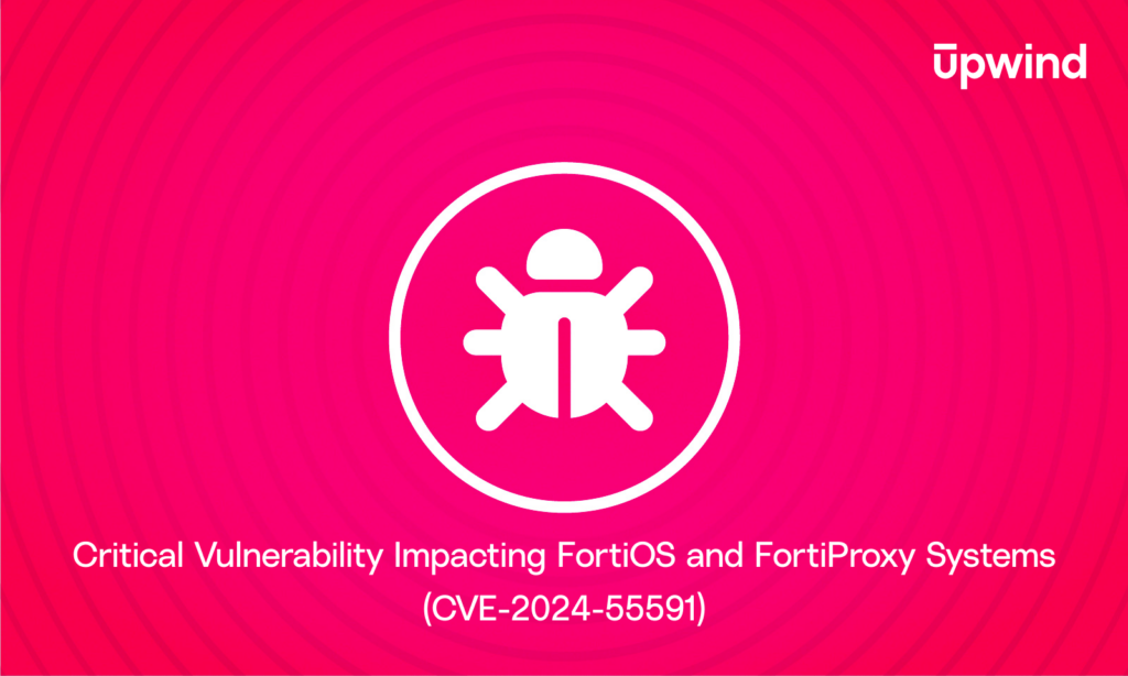 A red background with a white bug icon symbolizes a critical vulnerability. The text reads: Critical Vulnerability Impacting FortiOS and FortiProxy Systems (CVE-2024-55591) with Upwind logo in the top-right corner.